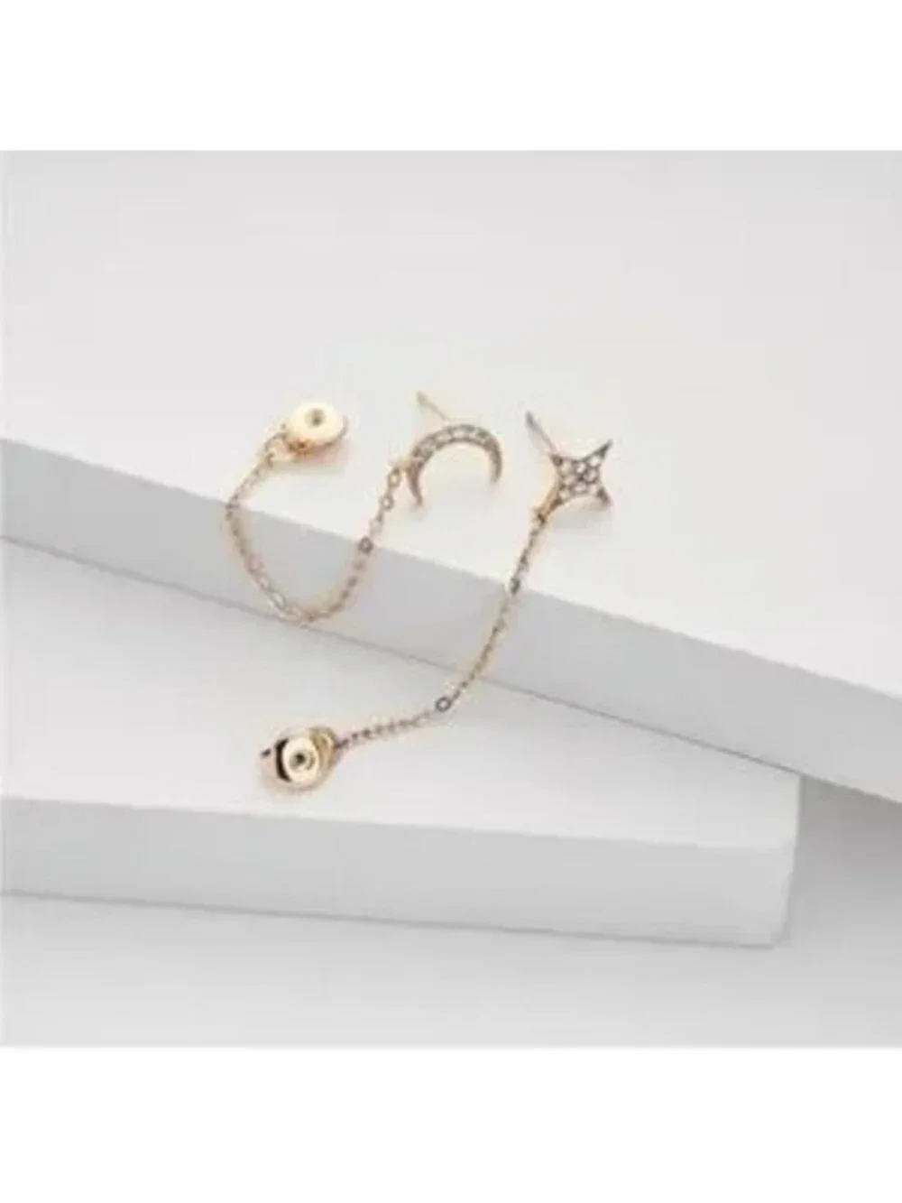 Gold 14k Gold Plated CZ Star Moon Linked Chain Earring Set